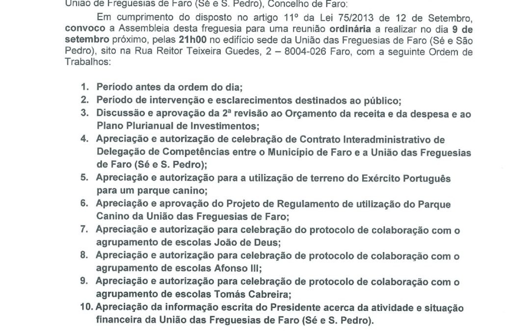 Edital – Reunião assembleia de freguesia – 09-09-2019