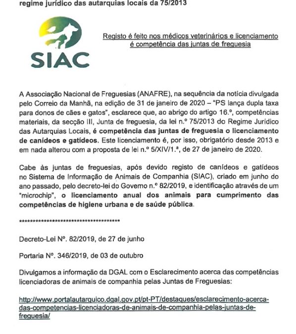 Competências Licenciadoras de Animais de Companhia pelas juntas de freguesia