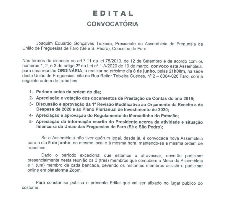 Reunião Ordinária da Assembleia de Freguesia – Dia 8 de junho de 2020