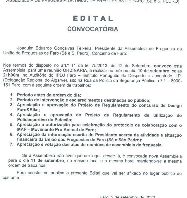 Reunião Ordinária da Assembleia de Freguesia, a decorrer no próximo dia 10 de Setembro 2020