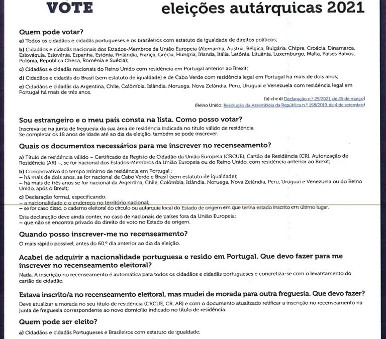 Cidadãos e Cidadãs estrangeiros residentes em Portugla. Como votar nas Eleições autárquicas 2021