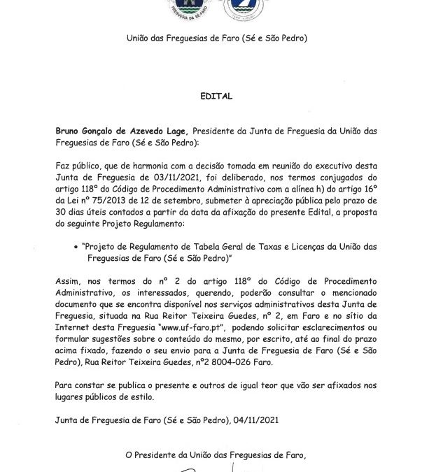 Projeto de Regulamento de Tabela Geral de Taxas e licenças da UFF