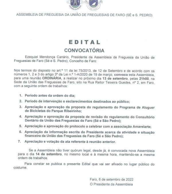 Edital – Assembleia de Freguesia