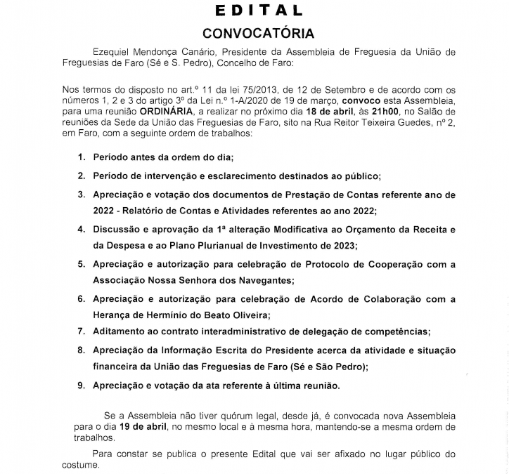 Edital – AF- Reunião ordinária de 18 de Abril 2023