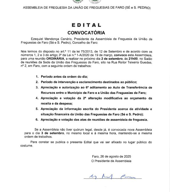 Edital – Reunião ordinária da Assembleia de Freguesia 02 setembro 2025