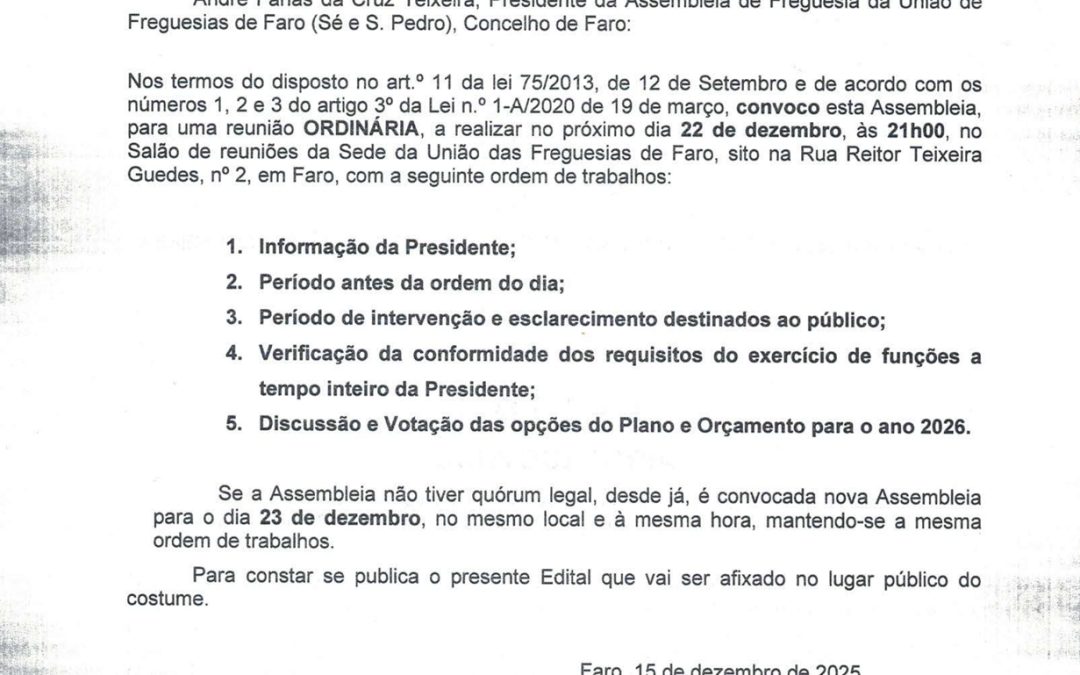 Edital – reunião ordinária da Assembleia de Freguesia, dia 22 de dezembro 2025