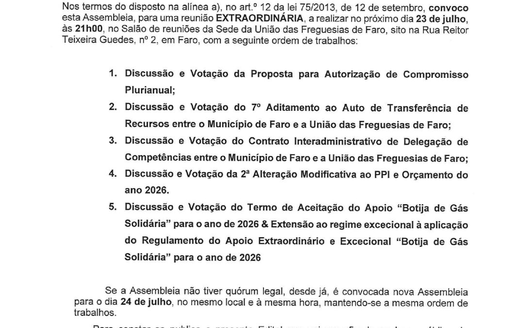 Edital – Reunião ordinária da Assembleia de Freguesia 23 julho  2026