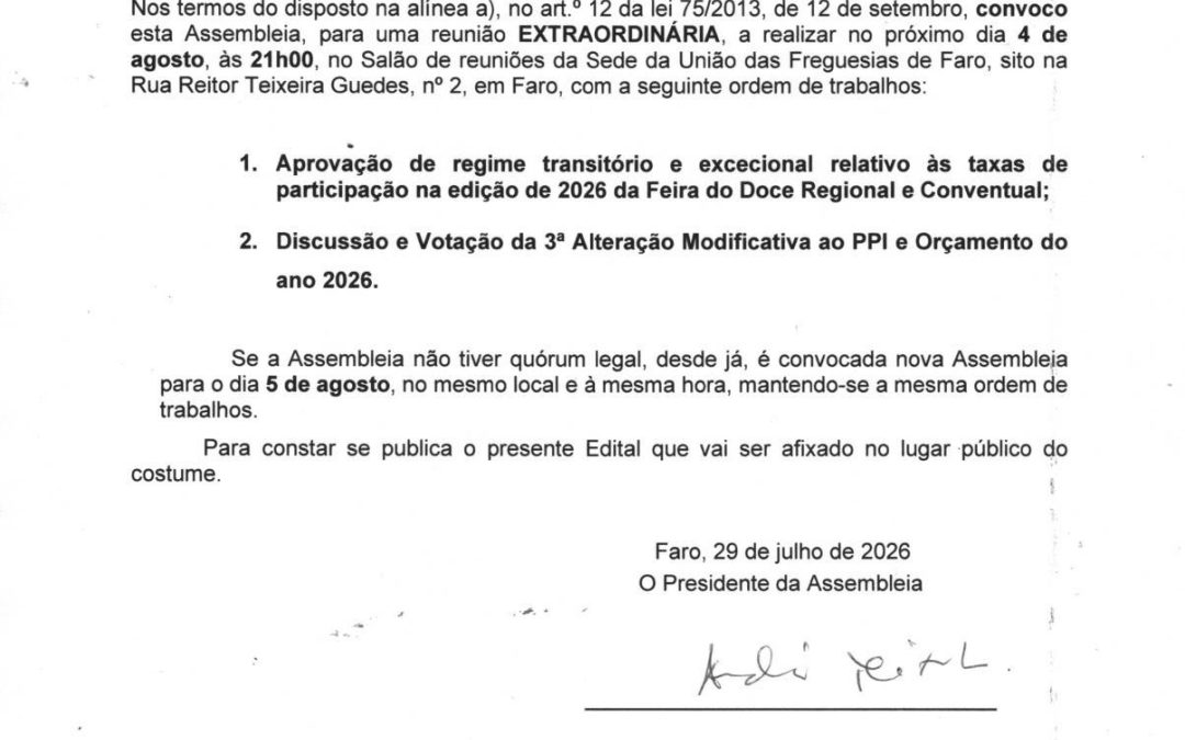 Edital – Reunião ordinária da Assembleia de Freguesia 4 agosto 2026