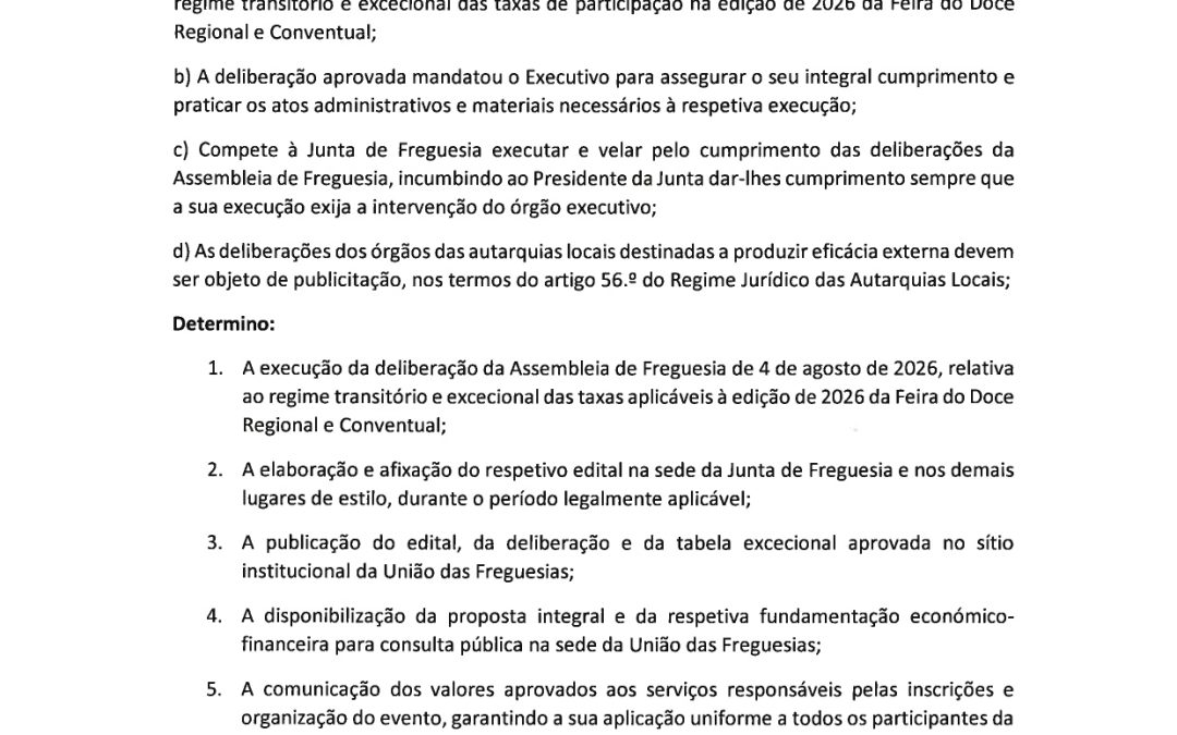 Edital nº4: Divulgação de deliberação da Assembleia de Freguesia